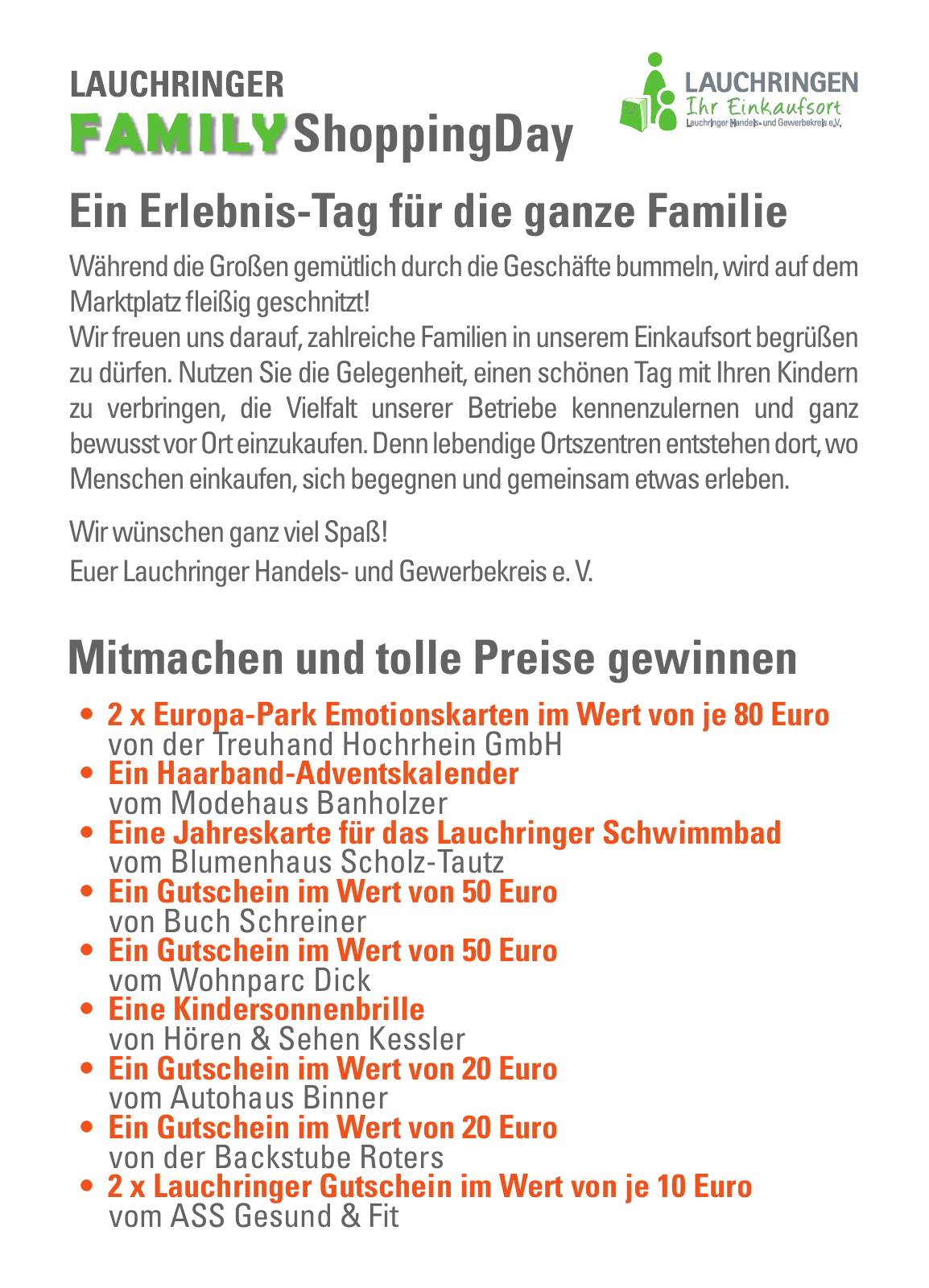 Flyer Rückseite: Ein Erlebnistag für die ganze Familie und die Wettbewerbspreise der Mitgliedsbetriebe