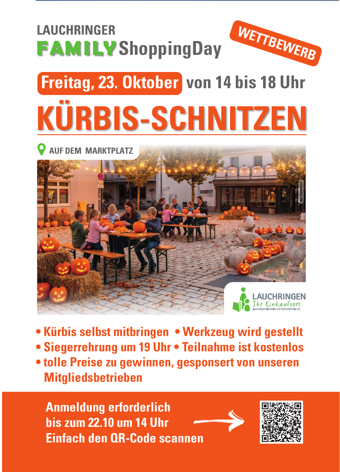 Flyer Vorderseite: Kürbis-Schnitzen am 23. Oktober, 14–18 Uhr; Anmeldung bis 22. Oktober, 14 Uhr
